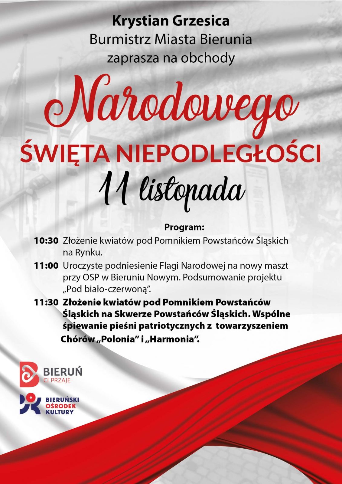 Plakat informacyjny dot. obchodów Narodowago Święta Niepodległości w Bieruniu